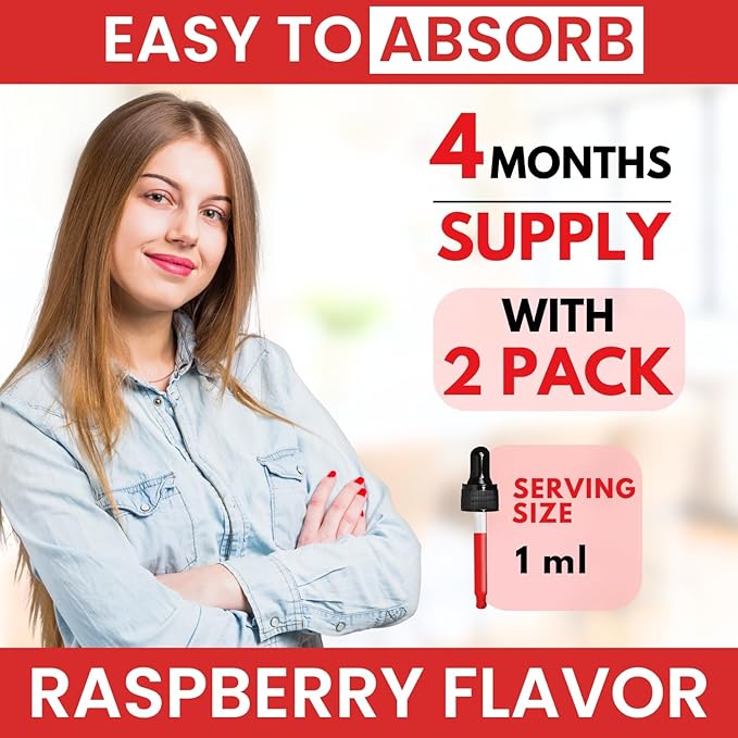 2 Pack Vitamin B Complex 20000 mcg - Vitamin B12 Sublingual Methylcobalamin Extra Strength Raspberry Liquid Drops for Women and Men - USA Made B1 B2 B3 B5B6 Biotin Folic Acid | 4fl oz (120ml)