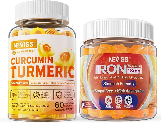 Sugar Free Turmeric Curcumin Filled Gummies 550mg for AdultsVegan Iron Gummies Supplement with Vitamin C