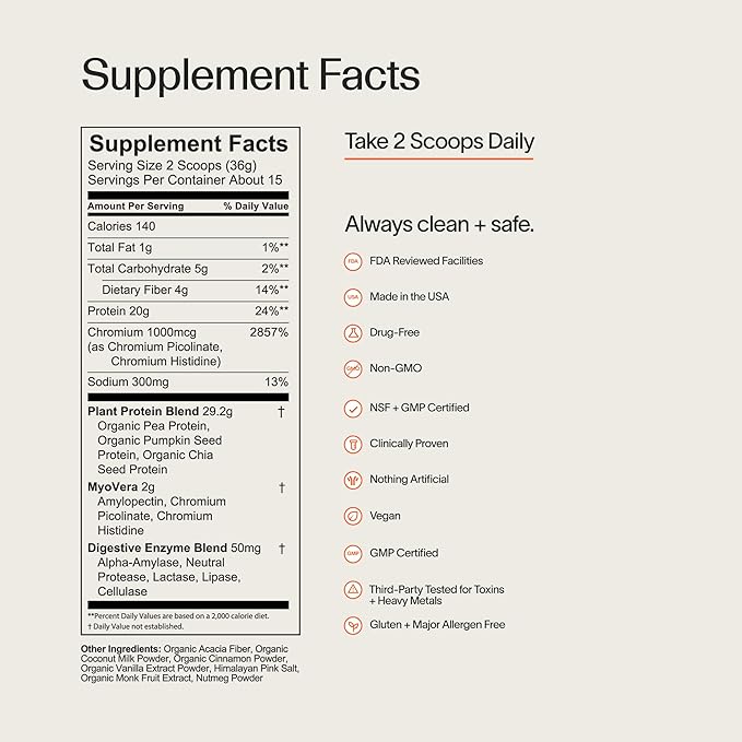 Veracity Plant-Based Protein Powder - Vanilla Cinnamon - MyoVera for Smarter Protein Utilization - Organic Sugar Free Protein for Metabolic Health - 15 Servings (20g Protein/Serving)