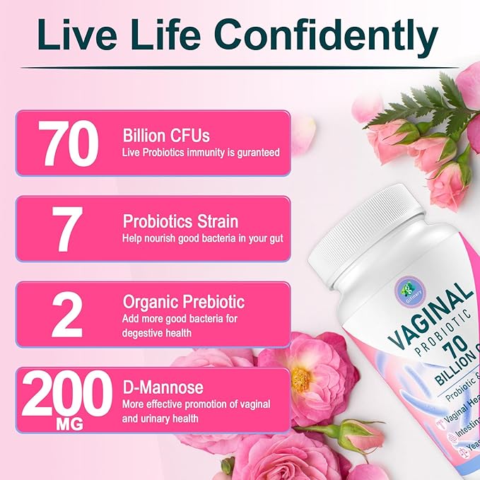 Vaginal Probiotics PH Balance for Women 70 Billion CFUs Womens Probiotic for Vaginal health Urinary Odor Control Flor Ph Balance &amp Hormone with Prebiotic &amp D-Mannose - Shelf Stable 60