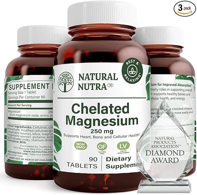 Natural Nutra Chelated Magnesium Oxide 250 mg - High Absorption for Strong Bones Heart Health Energy Boost Gluten-Free Non-GMO 90 Tablets (3 Pack) in BPA-Free Recyclable Glass Bottles