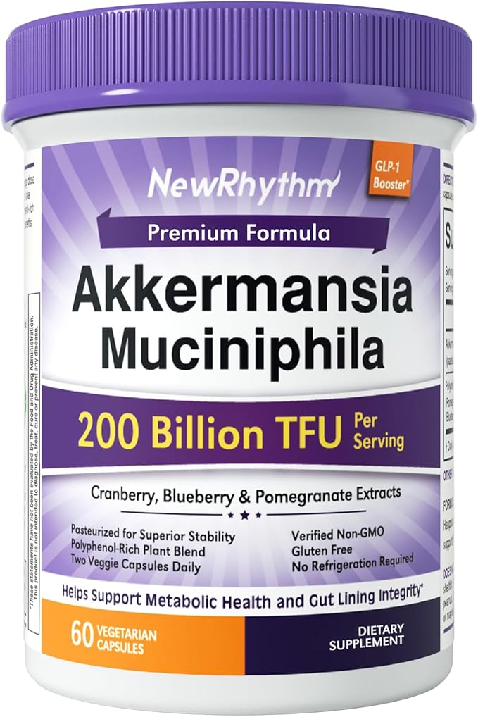 NewRhythm Akkermansia Muciniphila for Women &amp Men 200B TFU Naturally Increase GLP-1 Metabolism Booster Gut Lining Repair Cranberry Blueberry Pomegranate Extracts Vegan 60 Caps