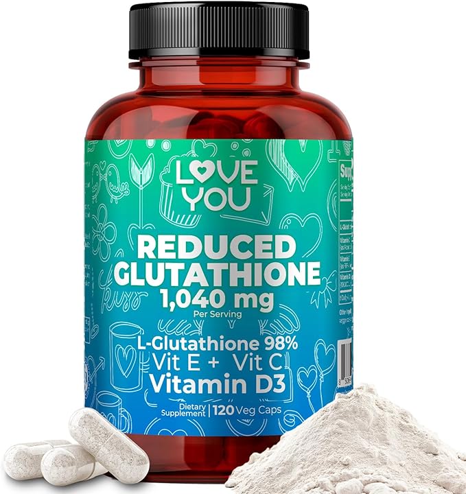 Love You Reduced Glutathione 98% Purity 1040 mg + Vitamin C E &amp D3 1804 mg Total per Serving - Intracellular Antioxidant - Supports Detoxification &amp Immune Function - 120 Veggie Caps 30 Serv