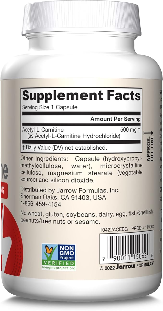 Jarrow Formulas® Acetyl L-Carnitine 500 mg Dietary Supplement Amino Acid Support for Brain Health and Antioxidants 120 Veggie Capsules 120 Day Supply