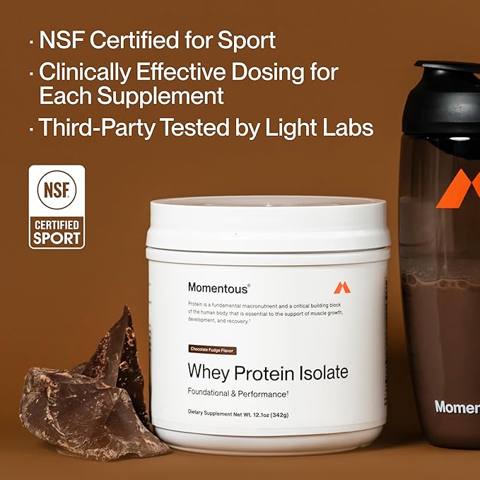 Momentous Essential Grass-Fed Whey Protein Powder - 20 g Whey Isolate Protein - NSF Certified for Sport - Gluten-Free - 12 Servings for Essential Everyday Use - Chocolate Fudge - Package May Vary