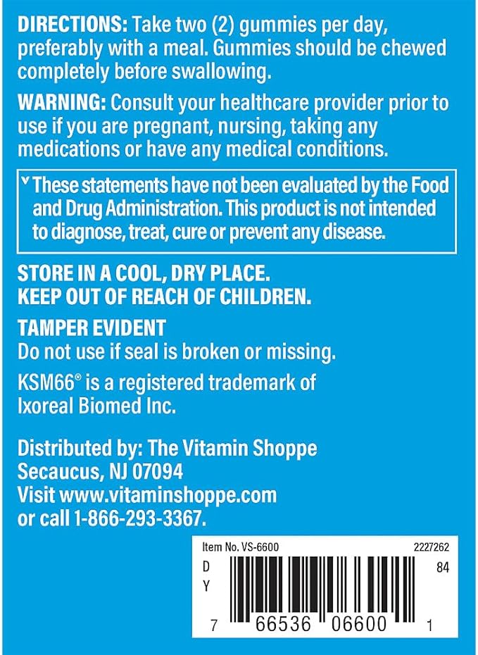 The Vitamin Shoppe Ashwagandha 600 MG - Stress Support Energy &amp Adaptogenic Wellness Root Extract (60 Gummies)