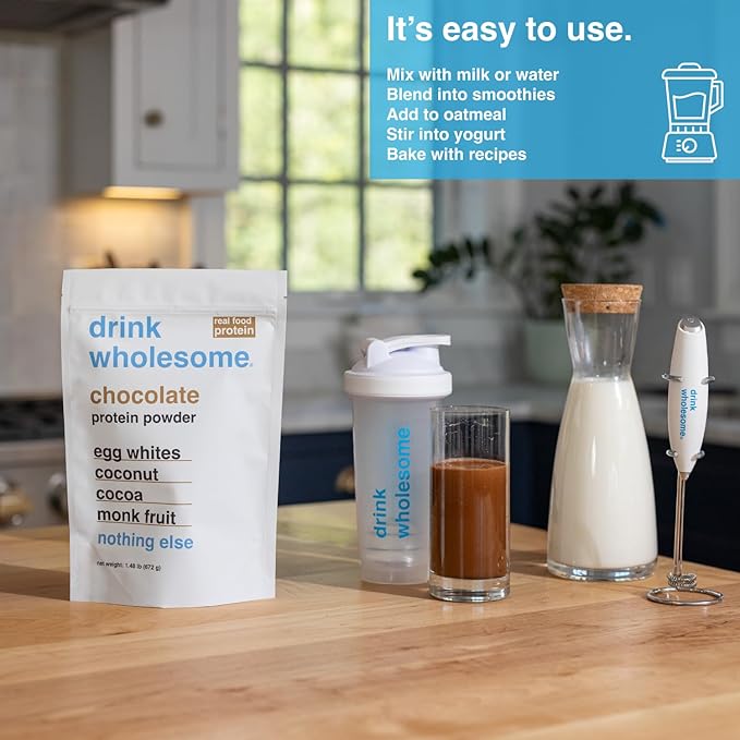 drink wholesome Chocolate Egg White Protein Powder for Sensitive Stomachs | Minimally-Processed Whole-Food Protein | Additive-Free Dairy-Free Gluten-Free | Low FODMAP
