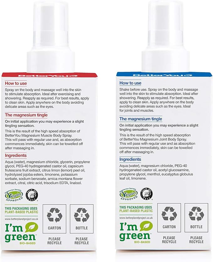 BetterYou Muscle and Joint Bundle - Magnesium Joint and Magnesium Muscle Body Spray - Essential Oils Spray Soothes Tired Muscles Instantly - 2 pc