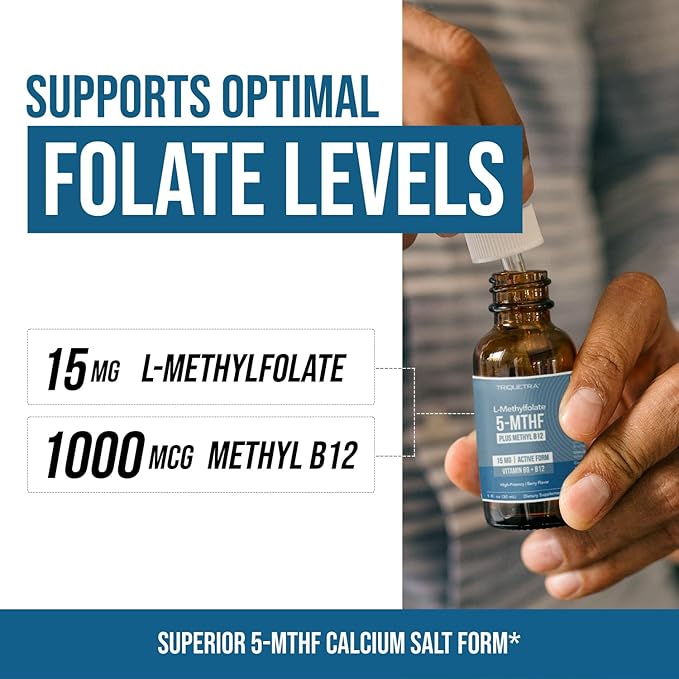 L Methyl Folate 15mg Plus Methyl B12 Cofactor – Organic Berry Flavor High Potency Liquid Sublingual Active 5-MTHF Form - Supports Mood Methylation Cognition – Bioactive Forms Vitamin B9 &amp B12 (