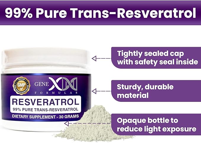 GENEX Trans Resveratrol 1000mg Powder Serving 99% Pure Micronized Pharmaceutical Grade | 30 Servings/30Grams | 1 Gram Per Day 30-Day Supply Made in a GMP &amp NSF Certified Facility