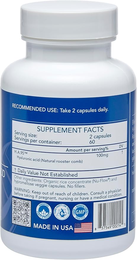 Longevity by Nature H.A.95 Hyaluronic Acid Supplements Antioxidant Skin Hydration Eye Joint Natural Rooster Comb 60 Capsules