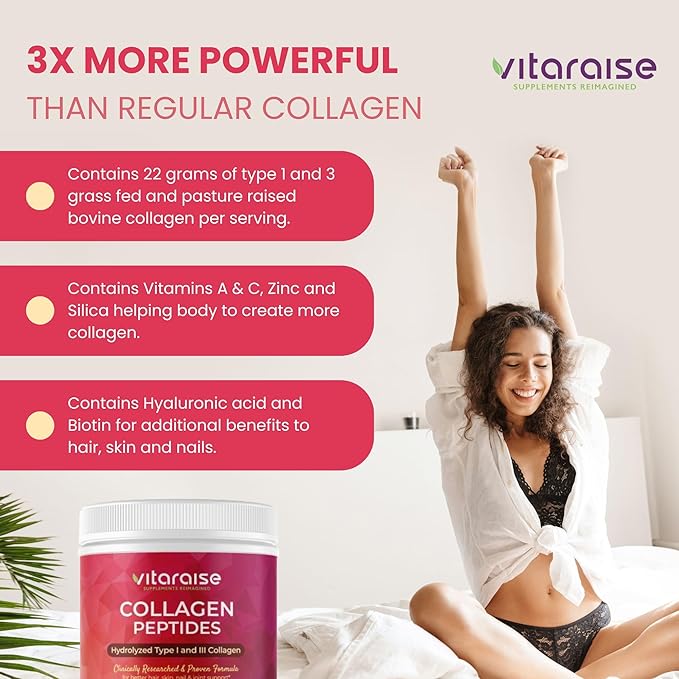 Hydrolyzed Collagen Powder - Type I &amp III Grass Fed Naturally 3X Powerful Collagen Peptides Powder for Women &amp Men - Hair Skin Nail Joints - Unflavored Gluten Free 22g per 30 Serving - 1.