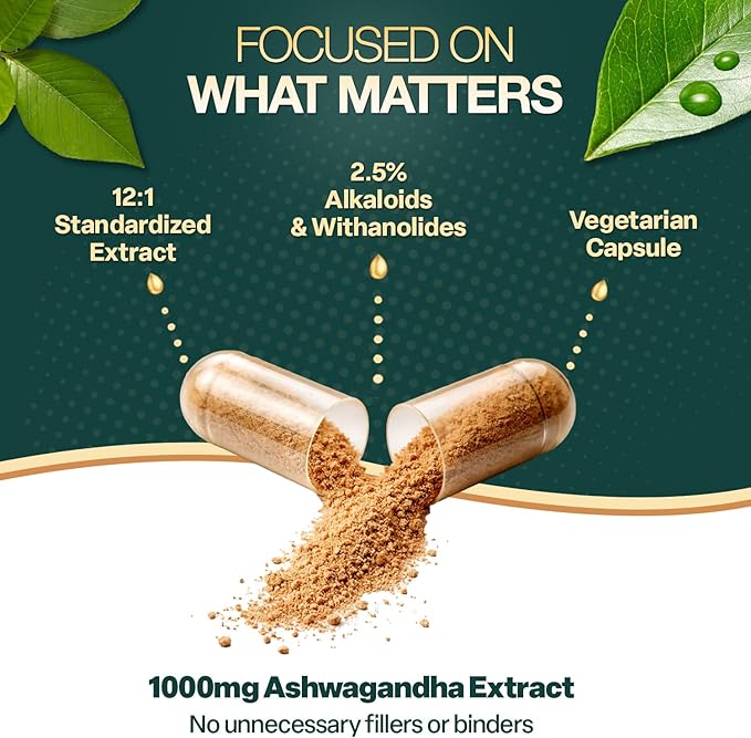 Ashwagandha Root – 12:1 Extract – 1000mg Per Serving – 3 Pack - 2.5% Withanolides &amp Alkaloids – 180 Veggie Caps – Stress &amp Energy Support – Non-GMO