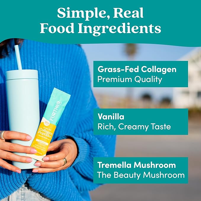 Further Food Vanilla Collagen Peptides Powder with Tremella Mushroom – 100% Grass-Fed Hydrolyzed Type 1 &amp 3 20g of Collagen per Serving Supports Skin Hair Nails &amp Joints Stick Packs 8.8