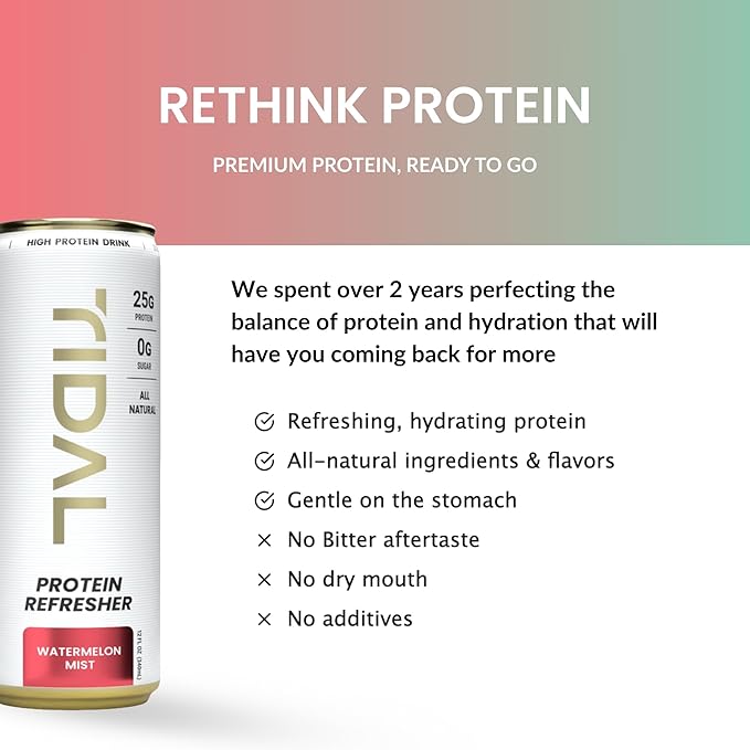 Tidal Protein Refresher | 12 fl oz | 12 Pack | 25g Clean Grass-Fed Whey | Sugar Free | Made with Natural Flavors | Drink with Essential BCAAs