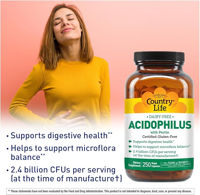 Country Life Acidophilus Probiotic Supplement for Women &amp Men - Free from Common Allergens - 2.4 Billion CFUs to Support Digestive Health - Dairy-Free Non-GMO 250 Vegan Capsules