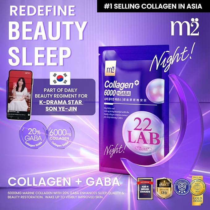 m2 Liquid Collagen for firmer Skin Night Beauty Drink with GABA Biotin Secrets of Korean Celebs Sleep Repair in One Step | Scientifically Proven 68% Collagen Boost in 24HR No Added Sugar (8pk)