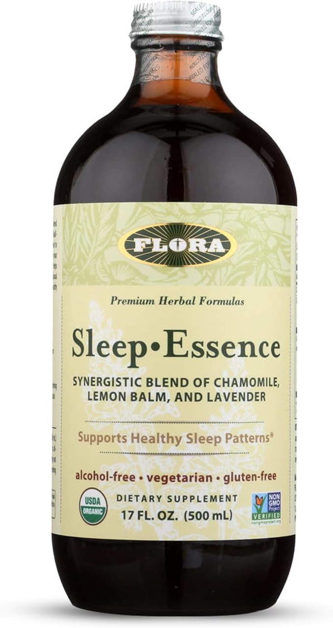 Flora - Sleep-Essence - Sleep Support Supplement - Features Lavender Lemon Balm Skullcap &amp Passionflower - Organic Non-GMO Vegan &amp Kosher - 17 fl. oz. Glass Bottle