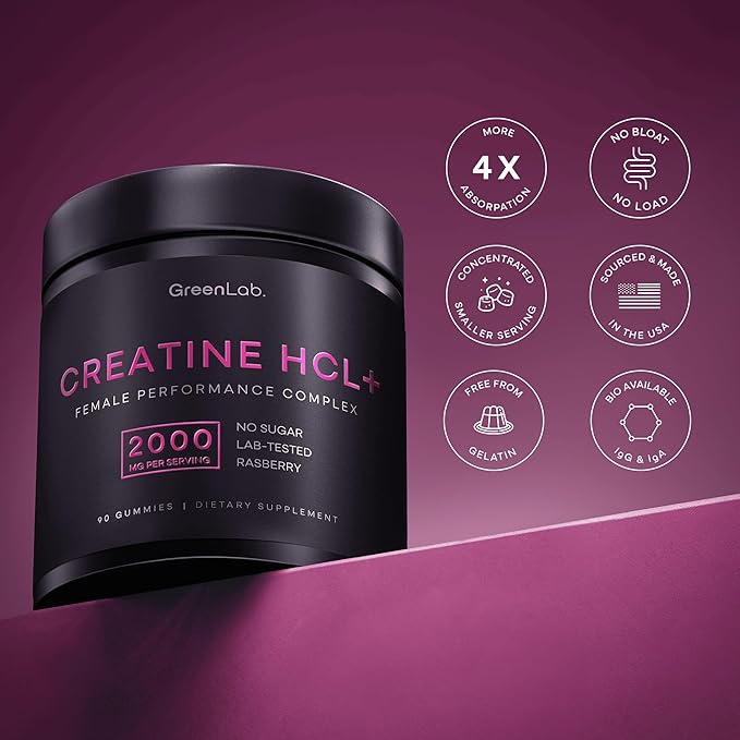 Creatine HCL+ 2000mg Female Performance Complex – Sugar-Free Vegan Raspberry Flavor – Chewable Gummies for Women 90 Count