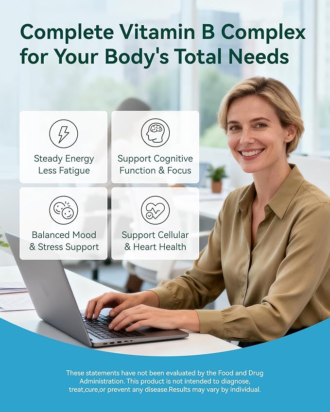 Vitamin B Complex - Fully Methylated Active B12 B6 Folate - for Energy Focus Mood &amp Nerve Health - Non-GMO Vegan Gluten-Free with B1 B2 B3 B5 B7-90 Capsules for 3 Months