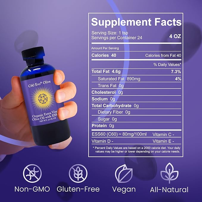 C60 EVO Organic Olive Oil - Pure C60 ESS60 Supports Joint Pain Flexibility Energy Immunity - Great Sleep Aid - 4 oz