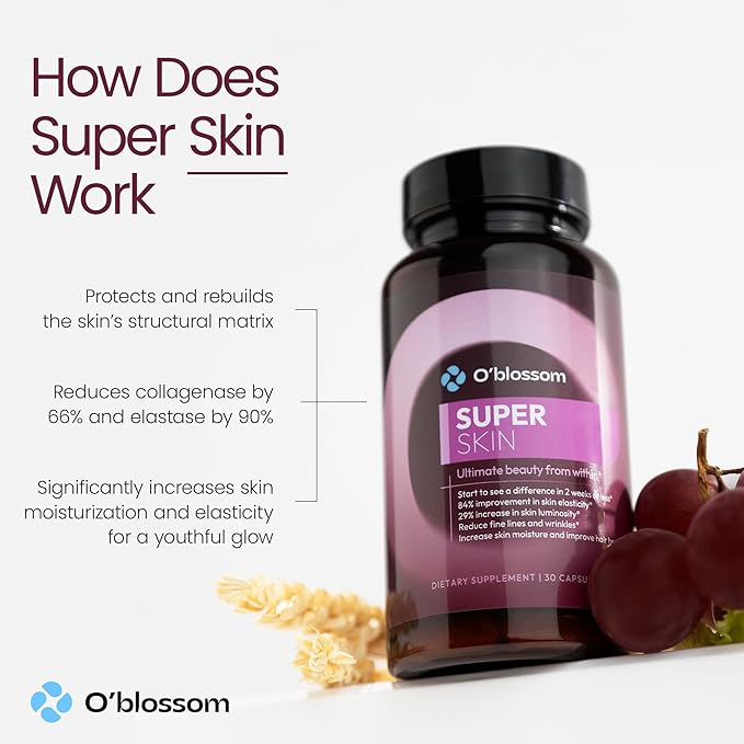 O'blossom Super Skin Beauty Supplement with SkinAx2 - Clinically Proven Best Sellers for Super Youth: Boosts Elasticity by 84% Reduces Wrinkle Depth by 18% Increases Collagen Production by 34%