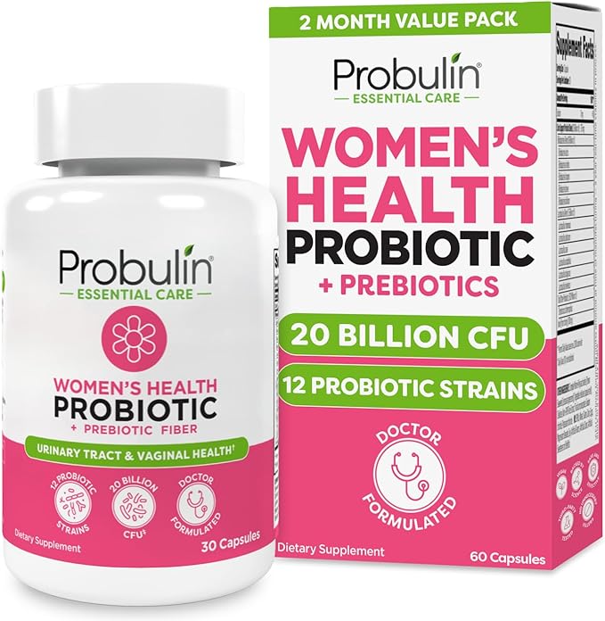 Probulin Womens Probiotic - Vaginal UT Gut &amp Immune Health with Lactobacillus Reuteri - 20 Billion CFU 12 Probiotic Strains &amp Prebiotics - 60 Vegan Gluten Free Capsules for Whole-Body Well