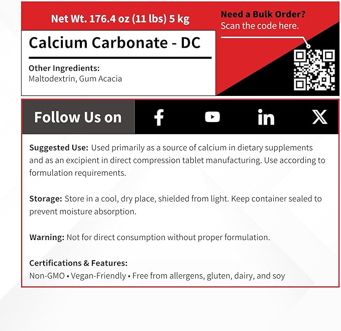 Calcium Carbonate DC Granular with Maltodextrin &amp Gum Arabic - 5000 Grams - Direct Compression USP Pharmaceutical Grade Capsule Excipient - 5 kg (11 lb)