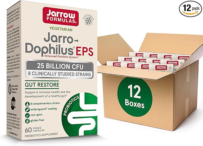 Jarrow Formulas Jarro-Dophilus EPS Probiotics 25 Billion CFU for Intestinal Tract Support Gut Health Probiotics Supplements for Women and Men 60 Veggie Capsules Up to a 60 Day Supply 12 Packs