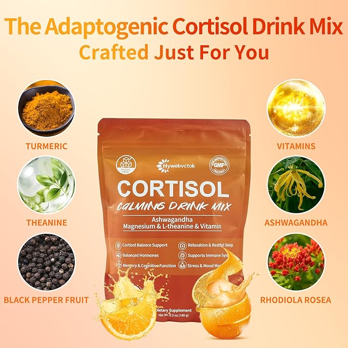 Cortisol Drink Powder Sugar Free Natural Cortisol Supplements for Women Menwith Ashwagandha L-Theanine Black Pepper Extract Turmeric Root Relaxation FocusMental Clarity6.3 OZ