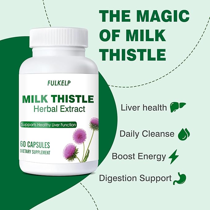 FULKELP Organic Milk Thistle Supplement 750mg Milk Thistle Extract for Liver Support Herbal Liver Supplement Non-GMO Gluten-Free - 60 Capsules