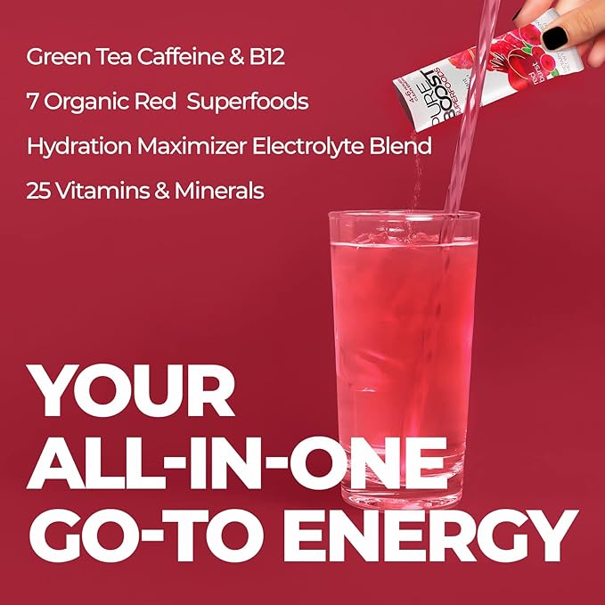 Pureboost Superfoods Clean Energy Booster Refreshing Energy Drink Mix with 7 Organic Red Superfoods Beet Hibiscus Pomegranate and Vitamins. Sugar-Free No Sucralose (Red Burst 30 Count)