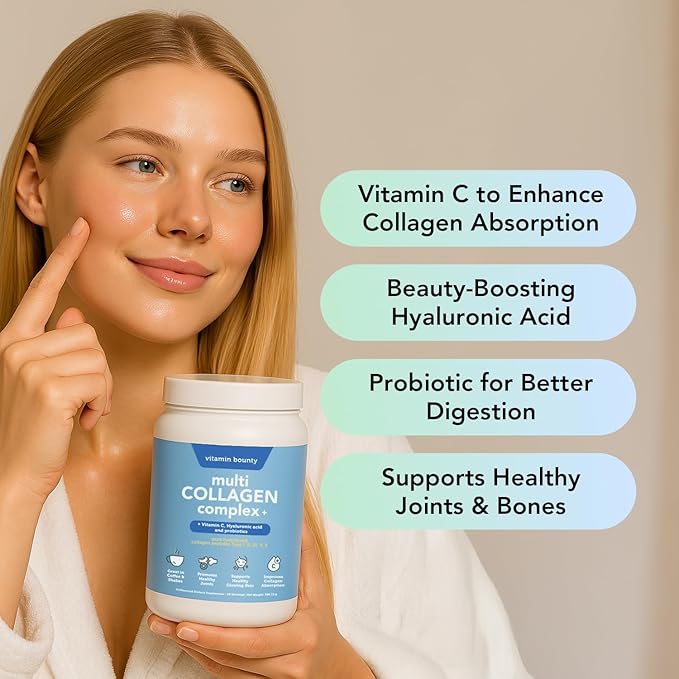 Vitamin Bounty Multi Collagen Peptides Powder for Men &amp Women (Complex Plus) - 5 Types Hydrolyzed Collagen Protein - Probiotics Vitamin C &amp Hyaluronic Acid - Grass Fed Bovine Supplements 28