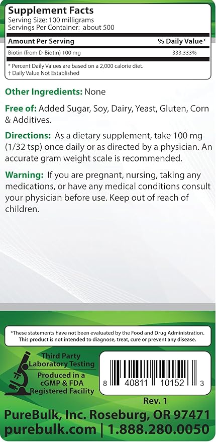 Pure Biotin Powder - Non-GMO (50 Grams)