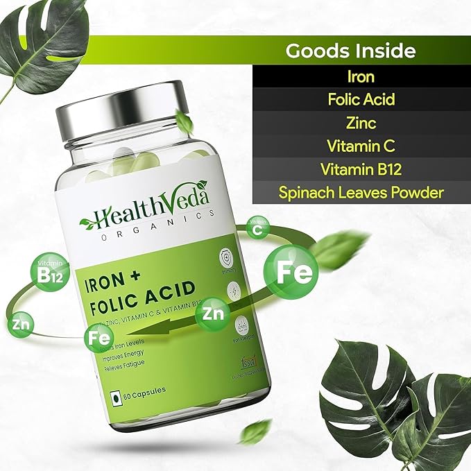 Iron + Folic Acid Supplement with Zinc Vitamin C &amp Vitamin B12 | 60 Veg Capsules | SupportsImmunity and Energy | Enhances Iron Absorption| for Both Men &amp Women