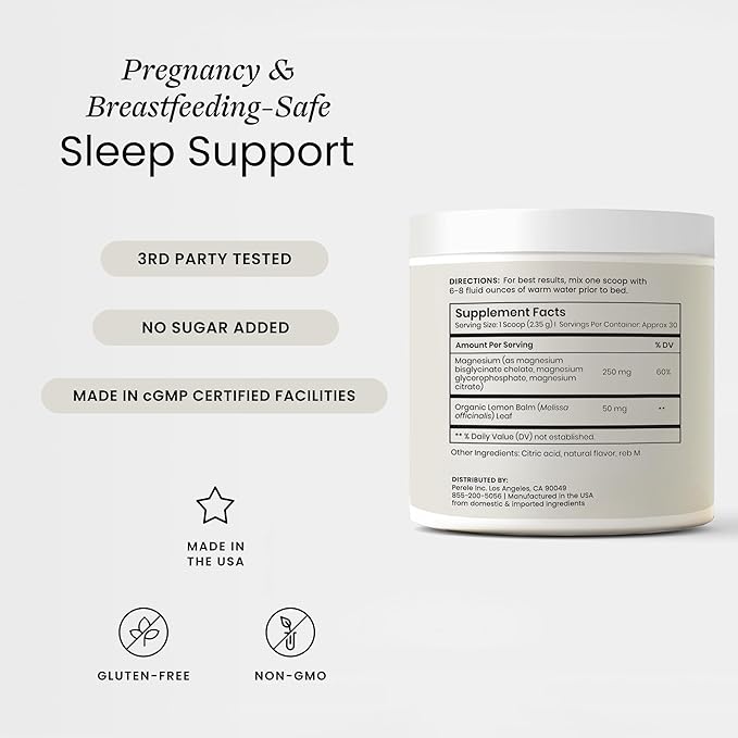 Perelel Sleep Support Magnesium Powder Blend with Lemon Balm Relaxing Herbal Formula Soy &amp Gluten Free Non GMO Honey Lemon Flavor 2.43 Oz