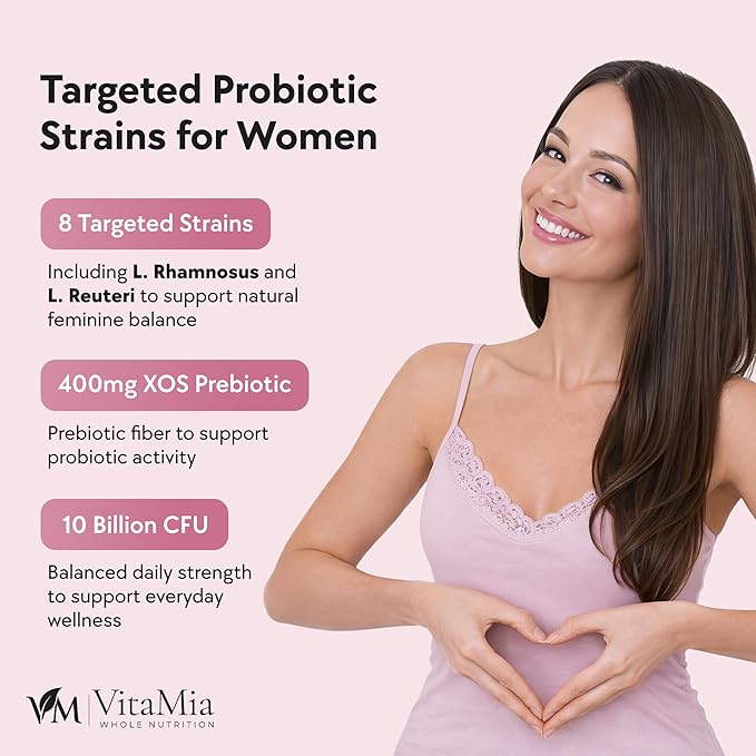 VitaMia Female Probiotics for Women: Probiotics for Women Advanced Feminine Care with 10 Billion CFU Plus XOS Prebiotics for Microbiota Balance and Daily Well-Being