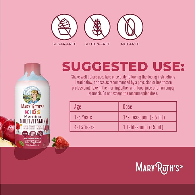 MaryRuth's Liquid Morning Multivitamin for Kids | Kids Multivitamin | Immune Support Supplement | Vitamin C | Vitamin D | Essential Nutrients | Vegan | 30-180 Servings | 15.22 fl oz