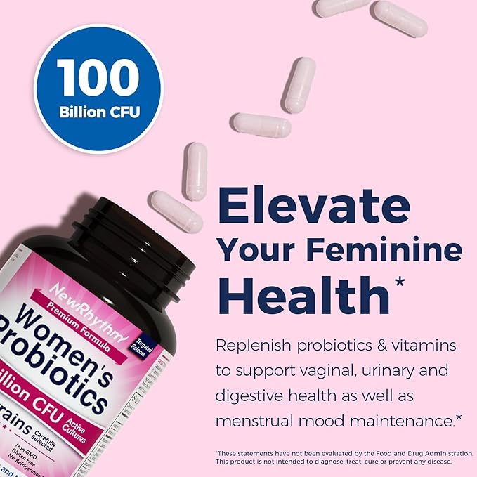 NewRhythm Probiotics for Women P-5-P Vitamin C &amp Organic Cranberry 100 Billion CFU 18 Strains Prebiotics &amp Vaginal Probiotics for Digestive Health &amp PH Balance 60 Capsules No Dairy