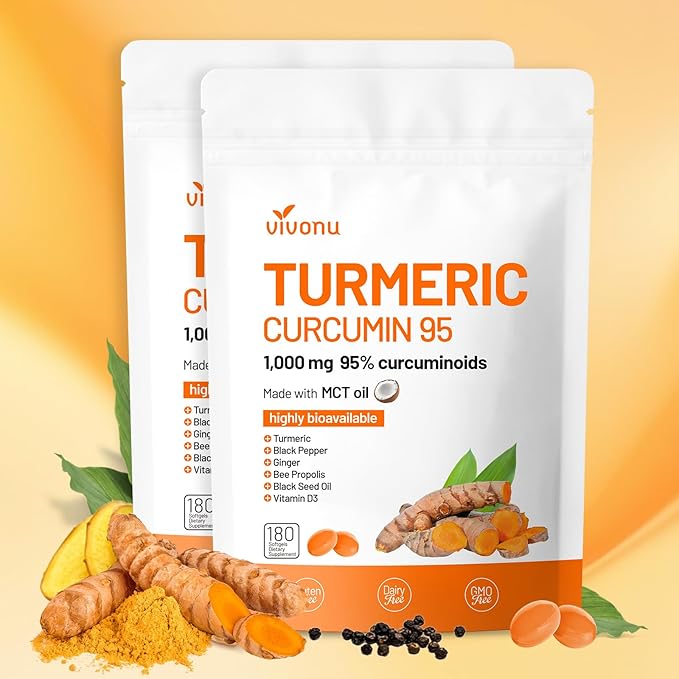 10-in-1 Turmeric Supplement Softgels 95% Curcumin for 1000mg Made Mct Oil 60-Day Supply with Black Pepper Ginger Propolis Powder Black Seed Oil Saw Palmetto Oil Zinc Vitamin D3 E More 2 Bag