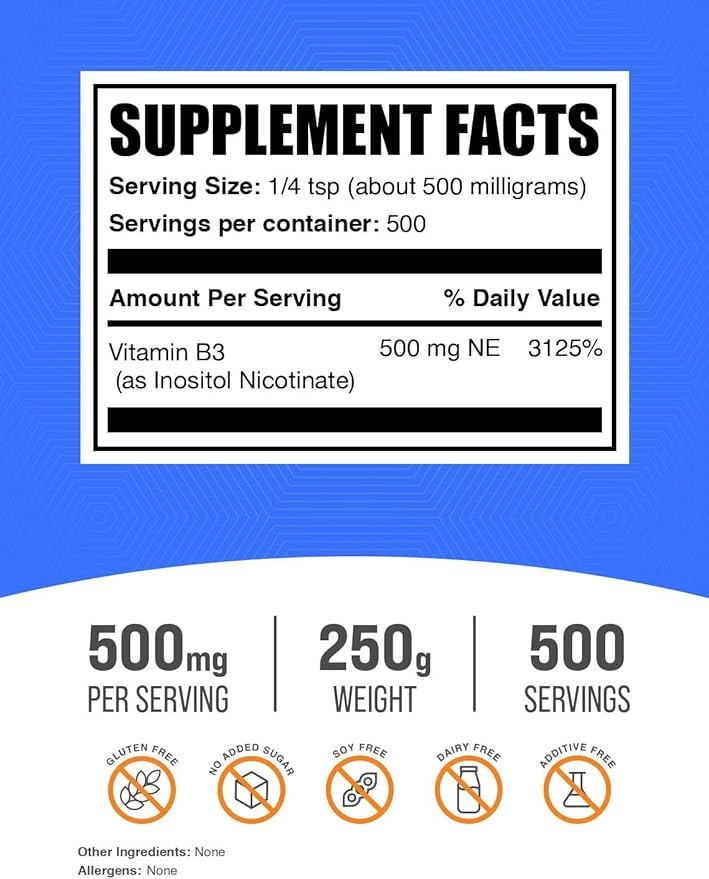 BulkSupplements.com Flush Free Niacin Powder - as Inositol Hexanicotinate Vitamin B3 Supplement Niacin 500mg Flush Free - Gluten Free 500mg of per Serving 250g (8.8 oz) (Pack of 1)