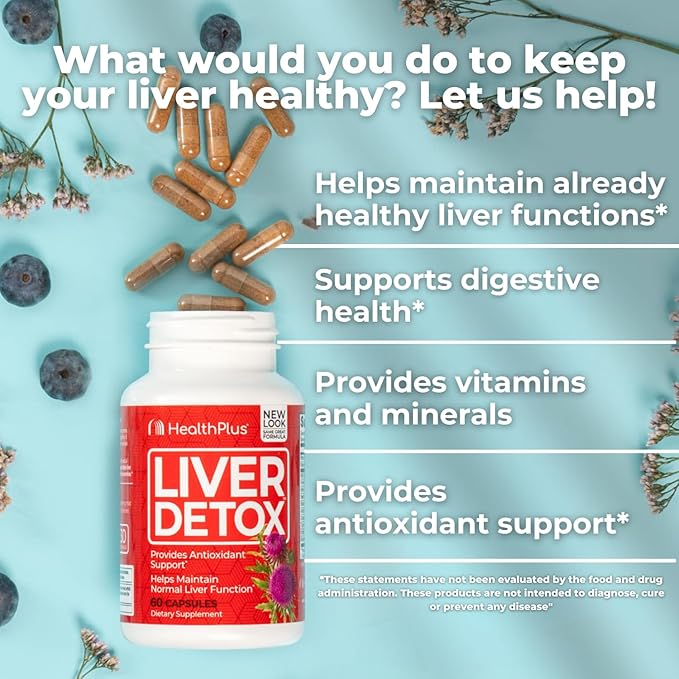 Health Plus Liver Detox Natural Herbal Liver Support &amp Detox Supplement with Milk Thistle Dandelion and Turmeric Root 60 capsules