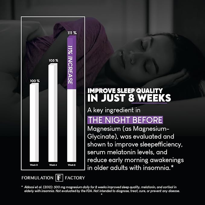 Formulation Factory 10-in1 Magnesium Glycinate Sleep Aid - The Night Before Recovery Complex with Melatonin &amp L-Theanine - Natural Relaxation Support (4 Month Supply 240 Capsules)