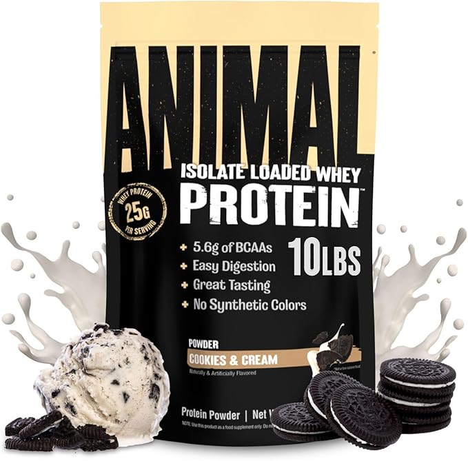 Animal Whey Isolate Protein Powder - Loaded for Pre &amp Post Workout Muscle Builder and Recovery with Digestive Enzymes for Men &amp Women - 25g Protein Great Taste Low Sugar - Cookies &amp Crea