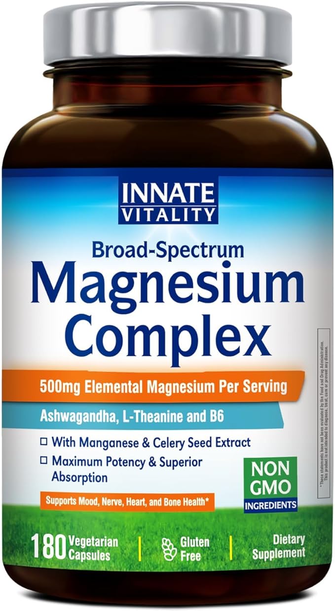 Innate Vitality Magnesium Supplement 500mg Magnesium Glycinate Malate &amp Taurate with Vitamin B6 Ashwagandha L-Theanine &amp Celery High Absorption Vegan Non-GMO (180 Count)