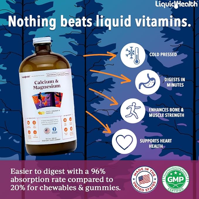 LIQUIDHEALTH Calcium &amp Magnesium Adult Liquid Vitamin Supplement - Bone Joint Muscle Connective Tissue Support Heart Health Essential Nutrients - Made in USA Vegan Non GMO No Sugar (2 Pack
