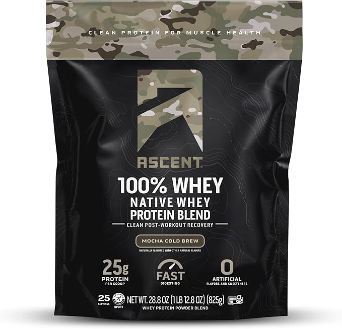 Ascent 100% Whey Protein Powder - Post Workout Whey Protein Isolate Zero Artificial Flavors &amp Sweeteners Gluten Free 5.5g BCAA 2.6g Leucine Military Exclusive Mocha Cold Brew 1.7 lb