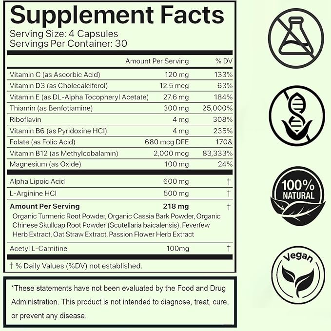 Neuropathy Pills - Neuro-Support with Alpha Lipoic Acid 600 mg for Nerve Health Carefully Selected Herbal Components Vitamins and Nutritional Elements 120 Count (1)
