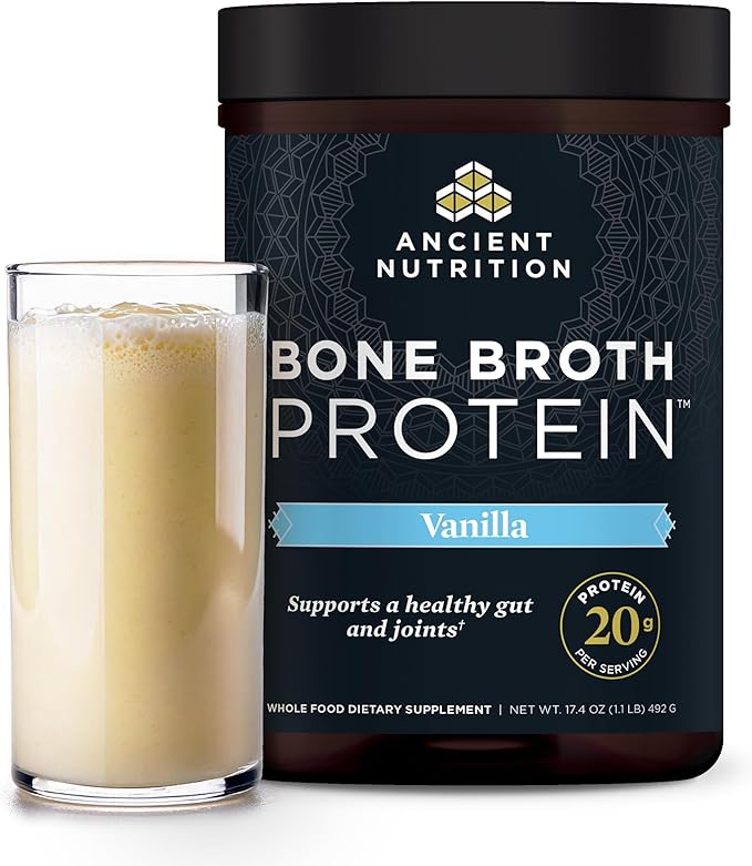 Ancient Nutrition Grass Fed Cage Free Bone Broth Protein Powder 20g Protein Hydrolyzed Collagen Peptides Keto &amp Paleo Friendly Supports Joint Gut Health Vanilla 20 Servings