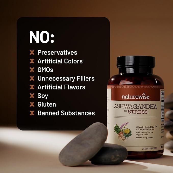 NatureWise Ashwagandha for Stress - With KSM-66 Extract GABA L-Theanine Rhodiola Rosea - Herbal Mood &amp Sleep Support - Vegan Non-GMO Gluten-Free - 60 Capsules[1-Month Supply]